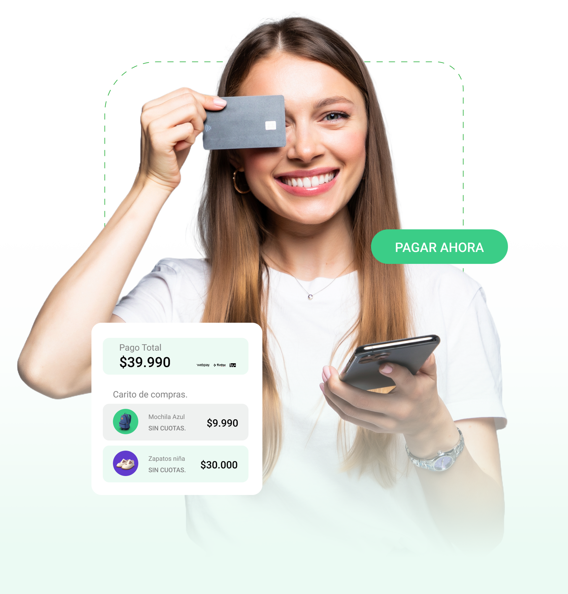 Mujer joven sonriendo, sostiene una tarjeta y un celular en sus manos. En la imagen se sobreimprime la frase “Pagar ahora” junto a una simulación de una venta por $39.990